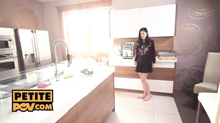 Puny boobed, teenager black-haired with a brilliantly clean-shaven twat is inhaling and railing stiffy in POINT OF VIEW