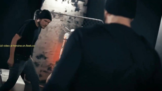 Cool black-haired in black footwear with high stilettos is about to get corded up, cock-squeezing