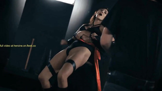 Cool black-haired in black footwear with high stilettos is about to get corded up, cock-squeezing