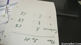 Mature towheaded office female is using every chance to have bang-out, even while still at work