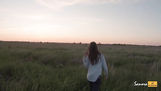 Horny, Russian dark haired is fellating a stranger's sausage in the nature, in the late afternoon