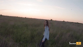 Horny, Russian dark haired is fellating a stranger's sausage in the nature, in the late afternoon