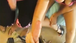 Lush blond dame is sharing a stiff wood with a trampy nubile dark haired, during a casual three-way