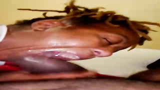 After deep-throating a thick, black chisel, trampy Ebony nymph is slurping geysers of new jism
