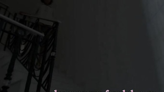 Slender female with diminutive udders is dressed in high high-heeled shoes while jacking on the staircase during the day