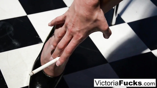 Super-Sexy ash-blonde honey, Victoria is smoking before stretching her gams broad open to wank for us