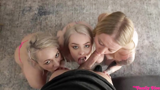 Good looking blondes, including Haley Spades are having a casual 4some in the living guest room