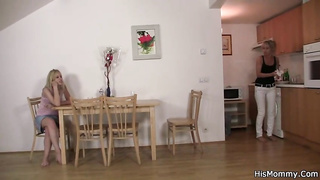 After munching her breakfast and smoking, crazy ash-blonde commenced jacking next to her step- mommy