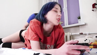 Blue- haired, gamer nymph is screaming while getting humped from the back, because it perceives so supreme