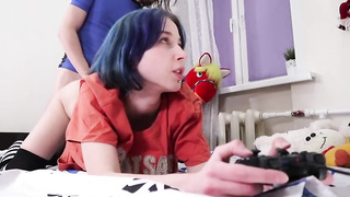 Blue- haired, gamer nymph is screaming while getting humped from the back, because it perceives so supreme