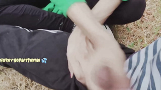 After urinating in the nature, horny nymph gave a hand-job to a stranger who was seeing her