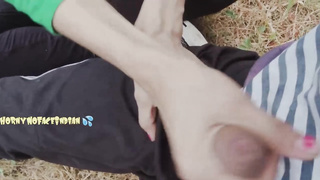 After urinating in the nature, horny nymph gave a hand-job to a stranger who was seeing her