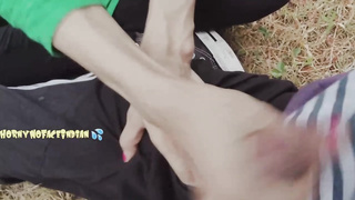 After urinating in the nature, horny nymph gave a hand-job to a stranger who was seeing her