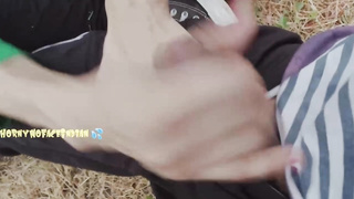 After urinating in the nature, horny nymph gave a hand-job to a stranger who was seeing her