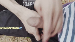 After urinating in the nature, horny nymph gave a hand-job to a stranger who was seeing her