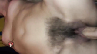 Slender dark-haired with curly hair is bellowing while railing a rock rigid fuckpole, because it senses fine