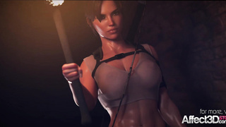 Raider Lara having threesome in an ancient tomb in a 3D animation