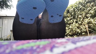Lusty female, Nicoletta is flashing her sensuous soles in front of the camera while doing yoga