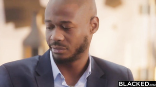 Small brown-haired, Liz Jordan is anxiously deep-throating a XXL, black lollipop, before getting tucked with it