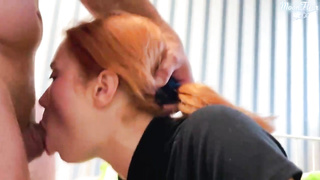 Crimson haired man rod dickblower is holding her gams raised high while getting pummeled and lovin’ it