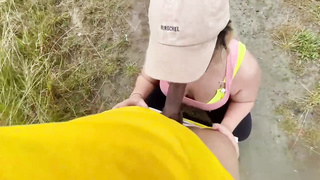 Obese light-haired honey with glasses is shrieking from sheer pleasure while getting plowed, in the nature