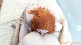 Crimson haired damsel is slurping her playmate's backside and hoping to get a meaty facial cumshot popshot
