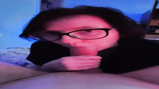 Nerdy doll is deep-throating a rock firm bone like a professional wanting to get jizm in facehole