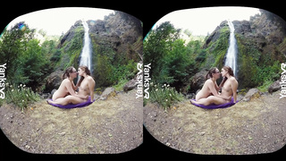 Jessica and her gf are delicately munching each othe rup in the nature, during the day