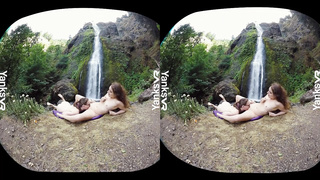 Jessica and her gf are delicately munching each othe rup in the nature, during the day