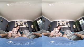 Nerdy honey is dressed in glasses while stretching her gams broad open and getting pummeled, in VR