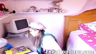 Crazy teenie is wanking with a fuck-fest plaything in the middle of the day, in her apartment