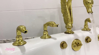 Russian blondie is dressed in a mask while frolicking with her fresh faux-cock, in the douche