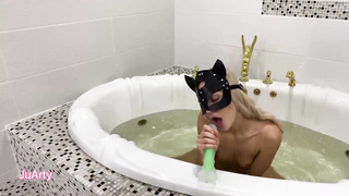 Russian blondie is dressed in a mask while frolicking with her fresh faux-cock, in the douche