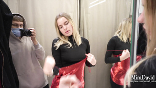 Stunner gets public risky blow-job in fitting bedroom - Close to be caught