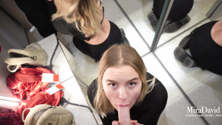 Stunner gets public risky blow-job in fitting bedroom - Close to be caught