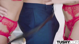 Carter Cruise and Adriana Chechik are sharing a ample, rock hard man meat during a casual 3some