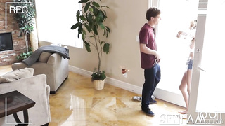 Lean blond with diminutive bosoms is deep throating her step- stepbro's boner and getting humped from behind