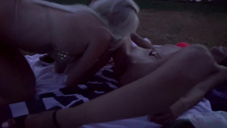 two blondes slurping vulva, deepthroat Man Sausage  blazing balloons and smoke weed outdoors