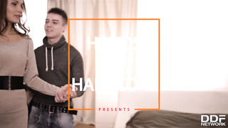 A thumb and monster meatpipe heads up Russian adult movie star Sabrina Moor's butthole