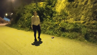 Kinky stud is tearing up his neighbor's nasty wifey in the street, in the middle of the night