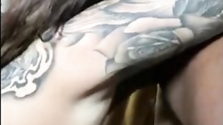 Tatted dame with huge, saggy breasts, Maddison Black is getting down on all fours while blowing a XXL, black jizz-shotgun