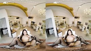 Petite jugged brown-haired in black nylons is railing a rock firm stiffy in front of the camera