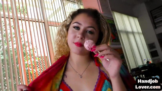 Small hand-job stunner in underwear takes off and jerks point of view boyfriend