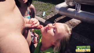 PublicHandjobs - Raquel and Jessie Help Wank Schlong in a Way You Wouldn't Believe