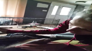 French dark haired is smoking while providing a bj to her paramour because it tastes so fine