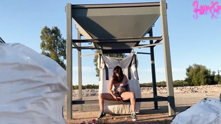 Insatiable black-haired thinks that no one is witnessing her while she is jacking on a construction website