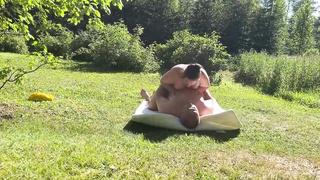 Mischievous duo is having bang-out in the nature, in the middle of a stunning day