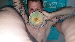 Golden piss into funnel