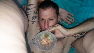 Golden piss into funnel