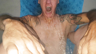 Golden piss into funnel